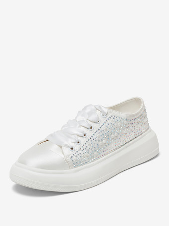 アイボリー フラットブライダルシューズラウンドトゥレースアップラインストーンウェディングシューズ