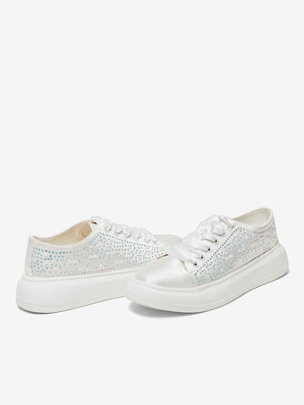 フラットブライダルシューズラウンドトゥレースアップラインストーンウェディングシューズ