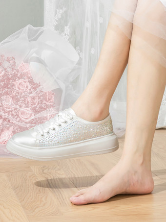 フラットブライダルシューズラウンドトゥレースアップラインストーンウェディングシューズ