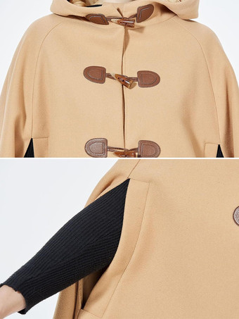 トグルボタンポンチョフード付きエレガント特大ケープソリッドカラー