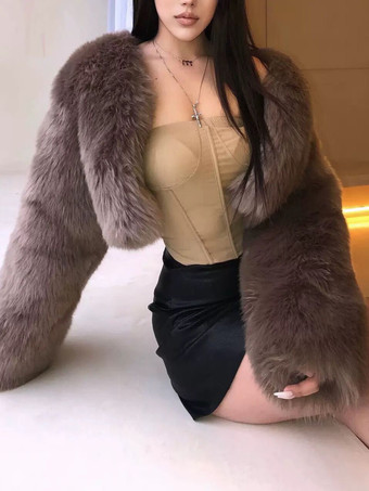 Khaki Faux Fur Coats Long Sleeves Cropped Chic Winter Eco-friendly Fur Coat For Women