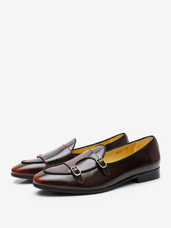 Marrone scuroMocassini da uomo con cinturino alla navata punta tonda in pelle di vacchetta slip-on scarpe da ballo matrimonio