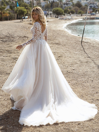 レース ウェディングドレス コートトレーン Aライン 長袖 チュール ジュエルネック ブライダルドレス