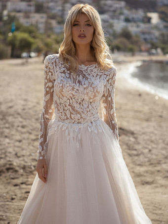 レース ウェディングドレス コートトレーン Aライン 長袖 チュール ジュエルネック ブライダルドレス