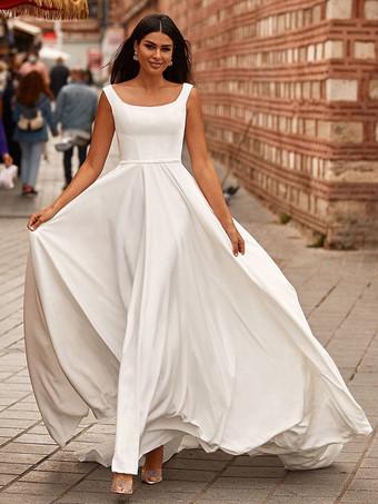 シンプルなウェディングドレス サテン生地 ジュエルネック ノースリーブ Aライン ブライダルドレス