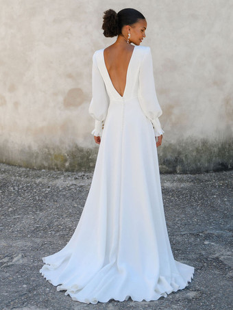 シンプルなウェディングドレス サテン生地 Vネック ノースリーブ ボタン Aライン ブライダルドレス