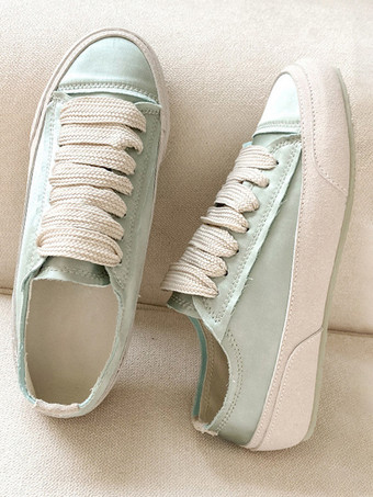 Green White Women Sneakers Round Toe Lace Up Casual Shoes