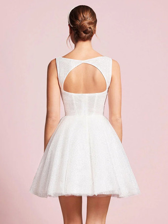 ショートウェディングドレス スクエアネック ノースリーブ Aライン ショートブライダルドレス