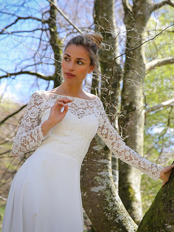 ボヘミアンウェディングドレス レース レース Aライン フロアレングス ナチュラルウエスト ウェディングドレス 機能的なボタン 長袖 ジュエルネック アイボリー