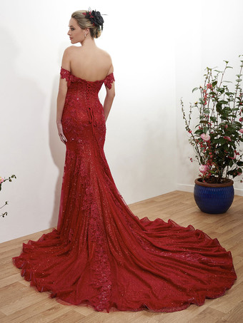 赤いウェディングドレス チュール ブライダルドレス アップリケ イブニングパーティードレス 無料カスタマイズ