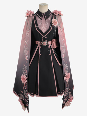 アーミーロリータポンチョブラックポリエステルチェーン刺繍花柄ロリータアウター