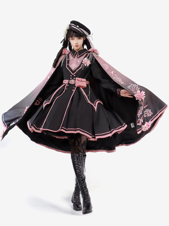 アーミーロリータポンチョブラックポリエステルチェーン刺繍花柄ロリータアウター