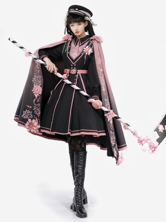 アーミーロリータポンチョブラックポリエステルチェーン刺繍花柄ロリータアウター