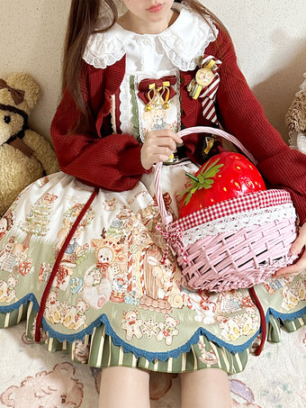 甘いロリータ コート レッド クリスマス コート フリル ニット オーバーコート コットン ブレンド 冬ロリータ アウター
