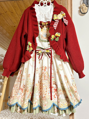 甘いロリータ コート レッド クリスマス コート フリル ニット オーバーコート コットン ブレンド 冬ロリータ アウター