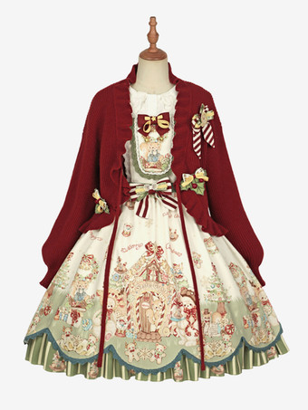 甘いロリータ コート レッド クリスマス コート フリル ニット オーバーコート コットン ブレンド 冬ロリータ アウター