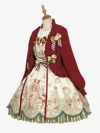 甘いロリータ コート レッド クリスマス コート フリル ニット オーバーコート コットン ブレンド 冬ロリータ アウター