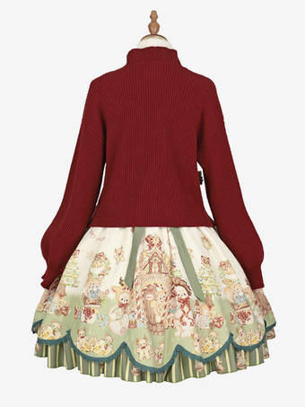 甘いロリータ コート レッド クリスマス コート フリル ニット オーバーコート コットン ブレンド 冬ロリータ アウター