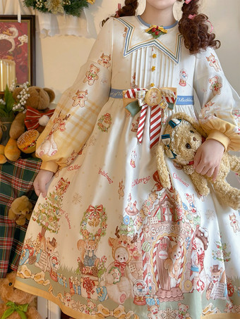 スイート ロリータ ドレス ポリエステル 長袖 リボン スイート クリスマス ロリータ ドレス