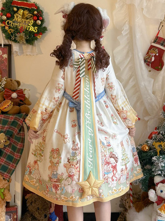 スイート ロリータ ドレス ポリエステル 長袖 リボン スイート クリスマス ロリータ ドレス