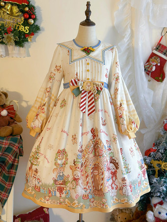 ベージュスイート ロリータ ドレス ポリエステル 長袖 リボン スイート クリスマス ロリータ ドレス