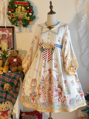 スイート ロリータ ドレス ポリエステル 長袖 リボン スイート クリスマス ロリータ ドレス