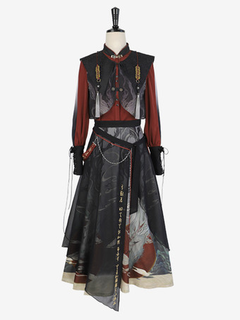 SchwarzLolita-Kleid im chinesischen Stil Fransen lange Ärmel Polyester chinesischer Stil Tiermuster Schwarz chinesischer Stil Lolita