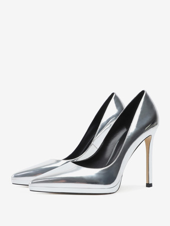 シルバー レディース ハイヒール ブラック ポインテッドトゥ スティレットヒール ドレス パンプス