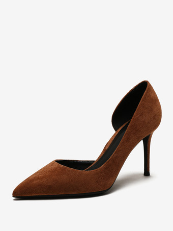 ディープブラウンスエード ハイヒール パンプス レッド ポインテッド トゥ スティレット ヒール ドレス シューズ