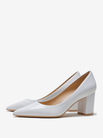 ホワイト ブラック ブロック ヒール ポインテッドトゥ スリッポン ドレス シューズ