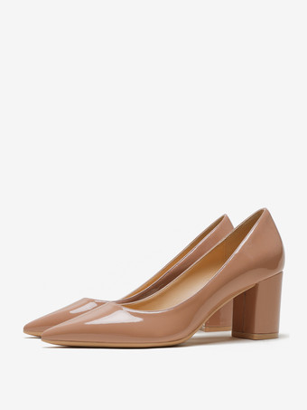 肌色ブラック ブロック ヒール ポインテッドトゥ スリッポン ドレス シューズ