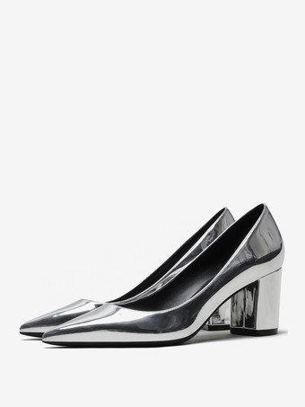 シルバー ブラック ブロック ヒール ポインテッドトゥ スリッポン ドレス シューズ