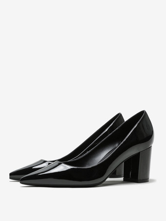 ブラック ブラック ブロック ヒール ポインテッドトゥ スリッポン ドレス シューズ