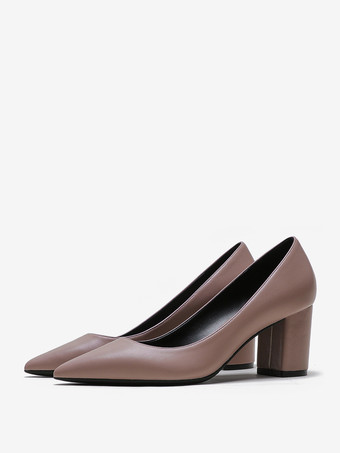 フクシャピンクレディースポインテッドトゥチャンキーヒールパンプス