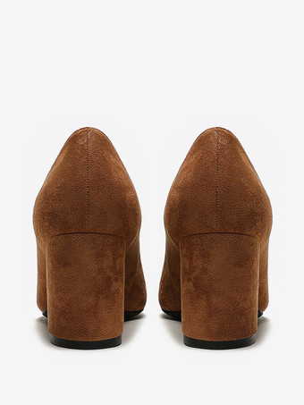 スエード ブロック ヒール パンプス ブラウン ポインテッドトゥ スリッポン ヒール