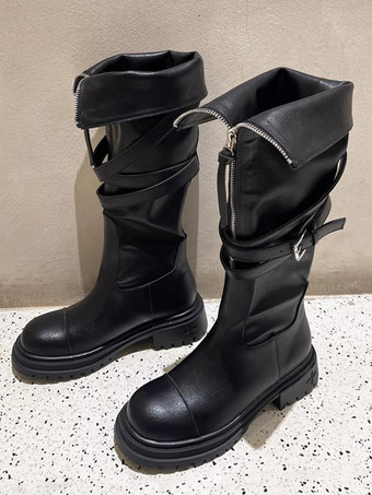 ブラック ニーハイ ブーツ ウィメンズ カフ バックル ディテール フラット ブーツ