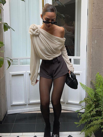 女性用ワンショルダーTシャツプリーツ非対称シャツ