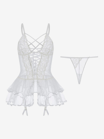 ブラジャー パンティ セット ホワイト ポリエステル レースアップ 薄手 2 ピース セクシーな大人のランジェリー