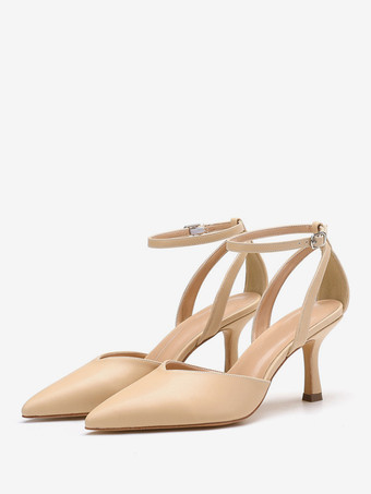 肌色ヌードキトゥンヒールパンプスレディースポインテッドトゥアンクルストラップポンプ