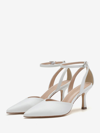 ホワイト ヌードキトゥンヒールパンプスレディースポインテッドトゥアンクルストラップポンプ