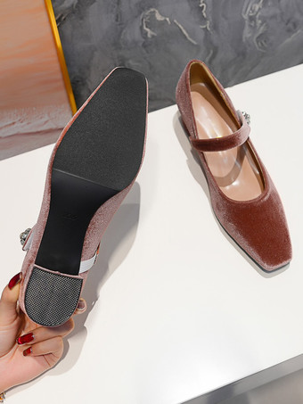 Damen-Mary-Jane-Schuhe mit mittelhohem Absatz Samt quadratischer Zehenbereich und klobigem Absatz