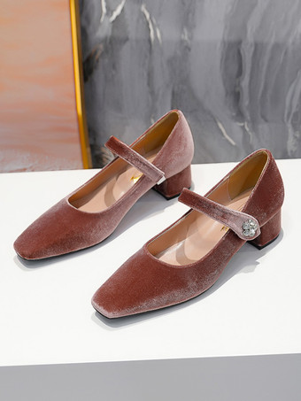 Damen-Mary-Jane-Schuhe mit mittelhohem Absatz Samt quadratischer Zehenbereich und klobigem Absatz