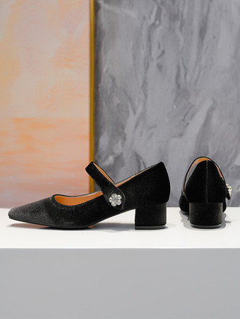 Damen-Mary-Jane-Schuhe mit mittelhohem Absatz Samt quadratischer Zehenbereich und klobigem Absatz