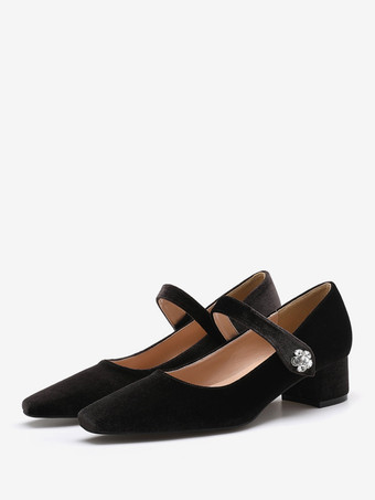 Dunkelgrau Damen-Mary-Jane-Schuhe mit mittelhohem Absatz Samt quadratischer Zehenbereich und klobigem Absatz