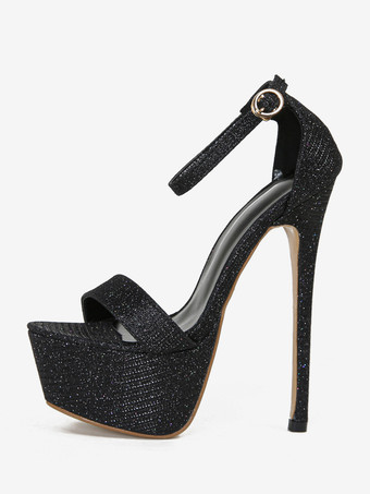 女性のセクシーなサンダルブラック PU レザーラウンドトゥハイ (1.6-2.6 ") 6.3" セクシーな靴