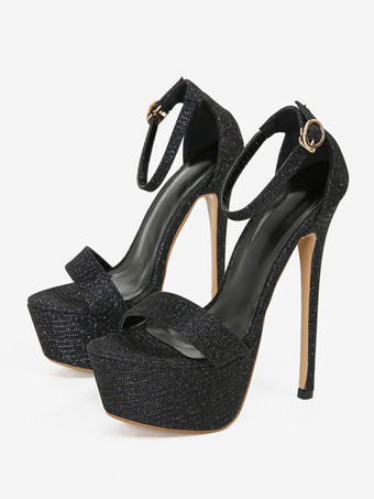 女性のセクシーなサンダルブラック PU レザーラウンドトゥハイ (1.6-2.6 ") 6.3" セクシーな靴