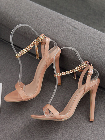 ライト アプリコットピンク ハイヒール サンダル レディース オープントゥ チェーン ディテール サンダル