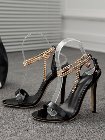 ブラック ピンク ハイヒール サンダル レディース オープントゥ チェーン ディテール サンダル