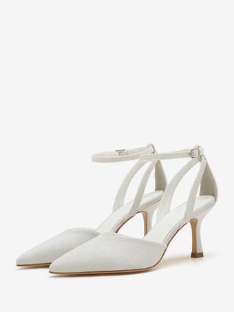 ホワイト ハイヒール パーティーシューズ ゴールド ポインテッドトゥ ラインストーン プロムシューズ