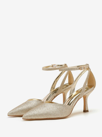 ゴールド ハイヒール パーティーシューズ ゴールド ポインテッドトゥ ラインストーン プロムシューズ